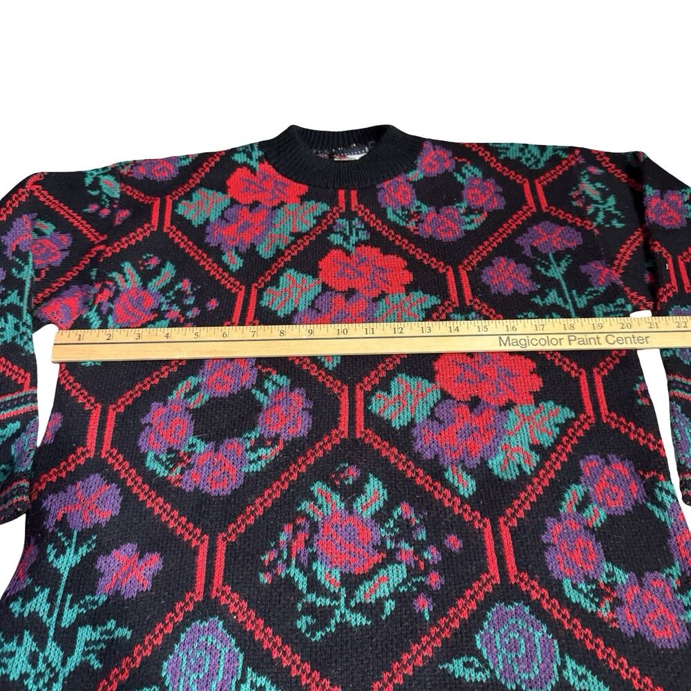Vintage 80s Headliners pink green floral henley sweatshirt Med black USA - Picture 6 of 10